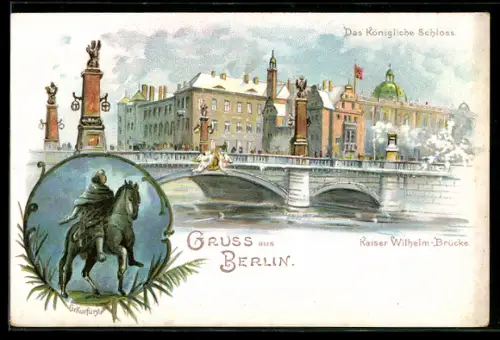 Winter-Lithographie Berlin, Kaiser Wilhelm-Brücke und Königliches Schloss