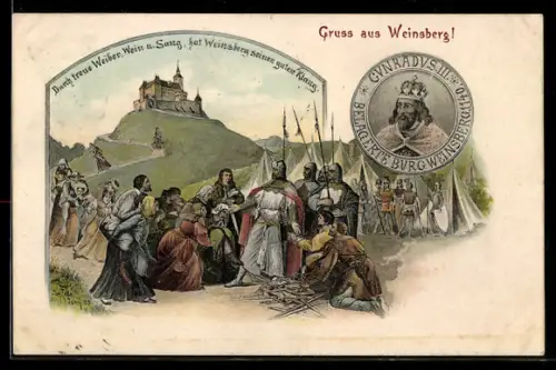 Künstler-AK Eugen Felle: Weinsberg, Belagerung der Burg 1140