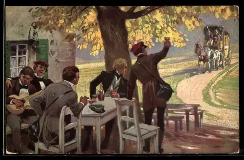 Künstler-AK Paul Hey: Student grüsst eine Postkutsche, Verein für das Deutschtum im Ausland