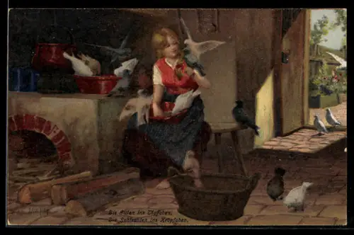 Künstler-AK P. Hey: Deutsche Märchen, Aschenbrödel mit Tauben