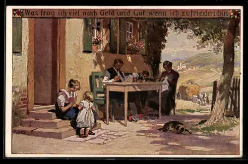 Künstler-AK Paul Hey: Was frag ich viel nach Geld und Gut, Familie im Garten, Verein für das Deutschtum im Ausland
