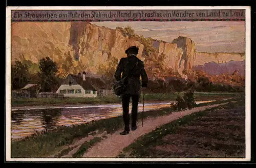 Künstler-AK Paul Hey: Wanderer an einem Fluss, Verein für das Deutschtum im Ausland