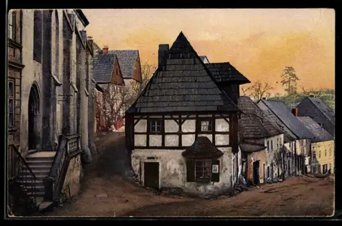 AK Graupen, Ortspartie mit Fachwerkhaus