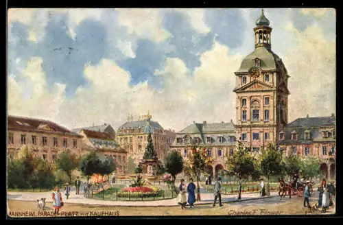 Künstler-AK Charles F.Flower: Mannheim, Paradeplatz mit Kaufhaus