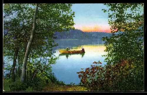 AK Photochromie NR 502-4: See im Sonnenuntergang, Ruderboot
