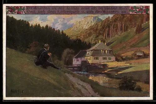 Künstler-AK Paul Hey: Wanderer an einer Wassermühle, Verein für das Deutschtum im Ausland