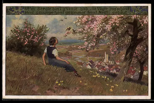 Künstler-AK P. Hey, Volksliederkarte Nr.: 74, Uf'm Bergle bin i g'sesse, hab die Vögle zug'schaut...