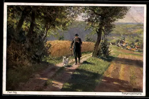 Künstler-AK P. Hey: Morgenspaziergang eines Pfarrers, Hund, Verein für das Deutschtum im Ausland