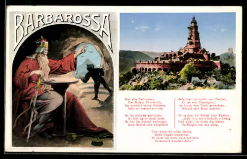 AK Kyffhäuser, Kyffhäuser-Denkmal, Barbarossa, Gedicht