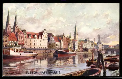 Künstler-AK Charles F. Flower: Lübeck, Ortsansicht mit Hafenpartie