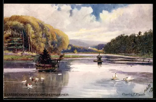 Künstler-AK Charles F. Flower: Saarbrücken, Deutschmühlenweiher mit Enten