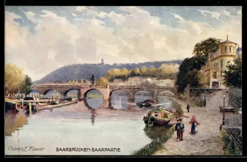 Künstler-AK Charles F. Flower: Saarbrücken, Saarpartie mit Ruderboot