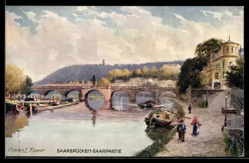 Künstler-AK Charles F. Flower: Saarbrücken, Saarpartie mit Ruderboot