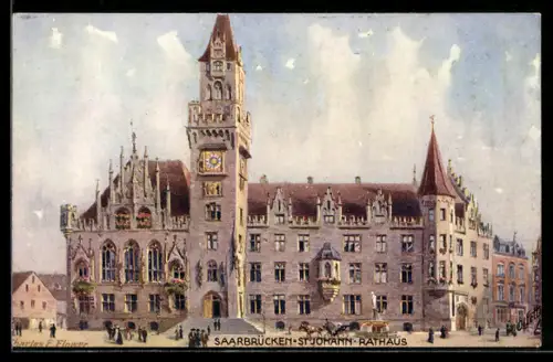 Künstler-AK Charles F. Flower: Saarbrücken-St. Johann, Blick auf das Rathaus
