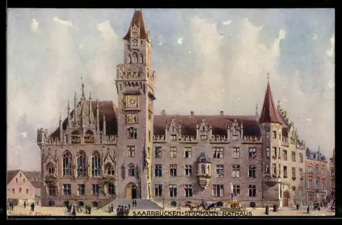 Künstler-AK Charles F. Flower: Saarbrücken-St. Johann, Blick auf das Rathaus