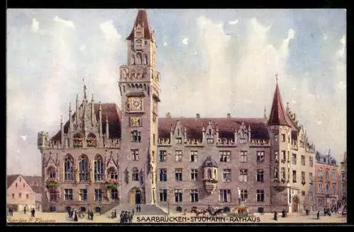 Künstler-AK Charles F. Flower: Saarbrücken-St. Johann, Blick auf das Rathaus