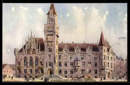 Künstler-AK Charles F. Flower: Saarbrücken-St. Johann, Blick auf das Rathaus