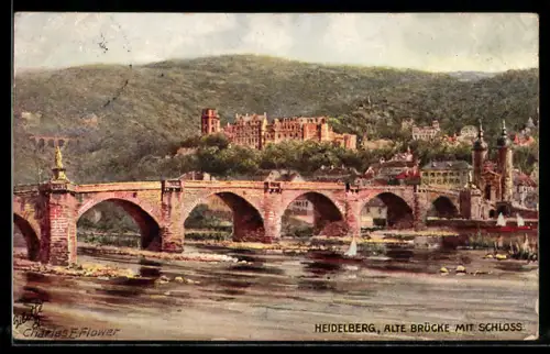 Künstler-AK Charles F.Flower: Heidelberg, das Schloss mit der alten Brücke