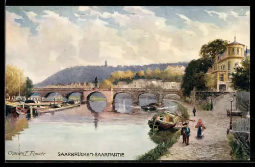 Künstler-AK Charles F. Flower: Saarbrücken, Saarpartie mit Ruderboot
