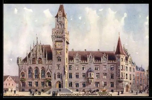 Künstler-AK Charles F. Flower: Saarbrücken-St. Johann, Blick auf das Rathaus
