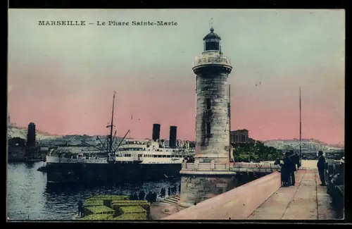 AK Marseille, Le phare Sainte-Marie, entrée d`un courrier, Leuchtturm, Dampfer