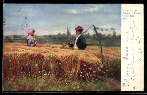 AK Bauer und Bäuerin auf dem Feld, Windmühle