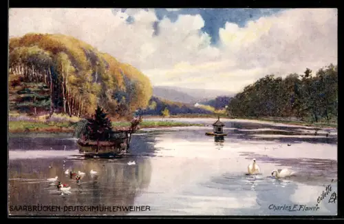 Künstler-AK Charles F. Flower: Saarbrücken, Deutschmühlenweiher mit Enten