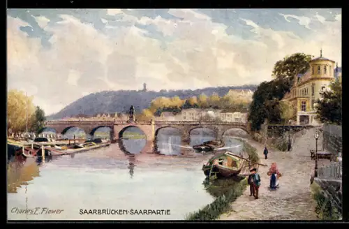 Künstler-AK Charles F. Flower: Saarbrücken, Saarpartie mit Ruderboot