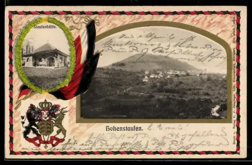 Passepartout-Lithographie Göppingen, Panorama mit Hohenstaufen, Staufenhütte, Wappen und Reichsflagge