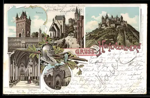 Lithographie Hohenzollern, Schloss Hohenzollern mit Burghof, Torturm, Grafensaal, Adlertor