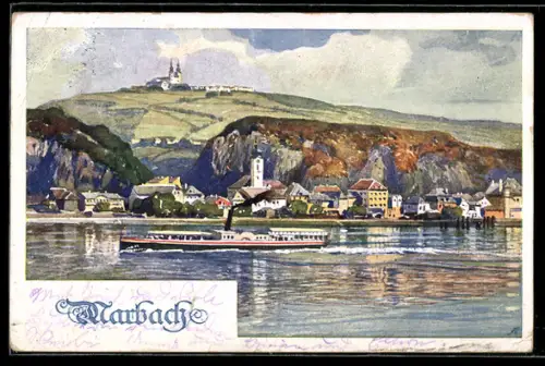 Künstler-AK Marbach, Blick über die Donau zum Ort mit Dampfer, Deutscher Schulverein