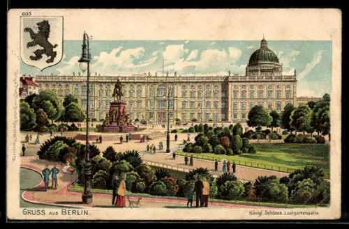 Lithographie Berlin, Königl. Schloss, Lustgartenseite mit Passanten