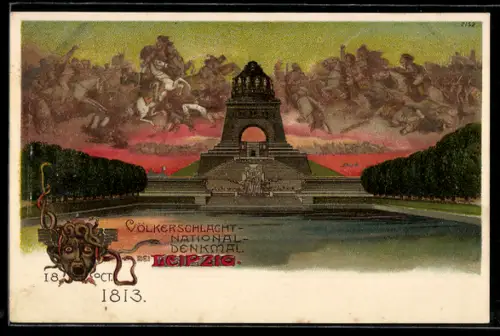 Künstler-AK Bruno Bürger & Ottillie Nr. 2152: Leipzig, Völkerschlachtdenkmal, Frontalansicht und Schlachtszene