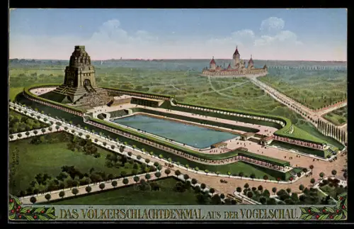AK Leipzig, das Völkerschlachtdenkmal aus der Vogelschau