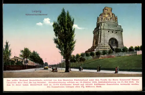 AK Leipzig, Völkerschlachtdenkmal, Ansicht des Denkmals mit Strassenbahn