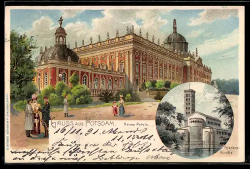 Lithographie Potsdam, Friedenskirche, Neues Palais