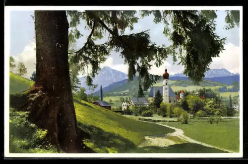 Künstler-AK Photochromie Serie 356 Nr. 5071: Blick auf ein Dorf und ein Gebirge