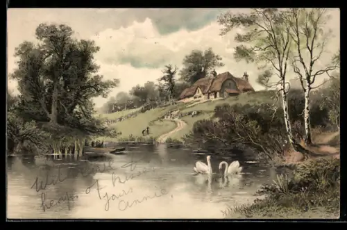 Künstler-AK Meissner & Buch (M&B) Serie 1789: Schwäne auf einem Teich, Blick auf ein Gehöft
