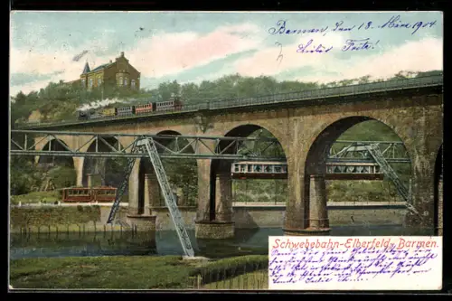 AK Elberfeld-Barmen, Schwebebahn, Sonnborner Brücke, drei Bahnen
