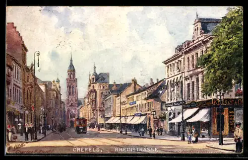 Künstler-AK Charles F. Flower: Krefeld, Strassenbahn auf der Rheinstrasse