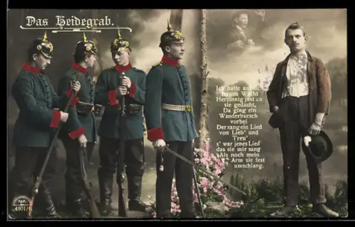 AK Das Heidegrab, Deserteur, 4 Uniformierte mit Pickelhaube und Gewehr