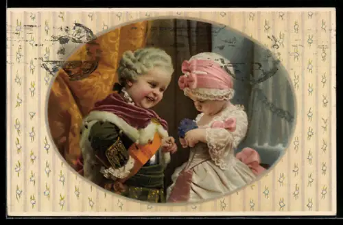 Künstler-AK M. Munk Nr. 1121: Junges Mädchen freut sich über die Veilchen von ihrem Verehrer