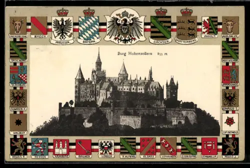 Passepartout-Lithographie Burg Hohenzollern, Wappen des Deutschen Kaiserreichs
