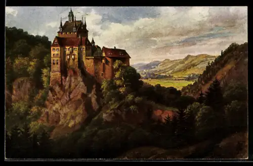 Künstler-AK Kriebstein, Blick zur Burg