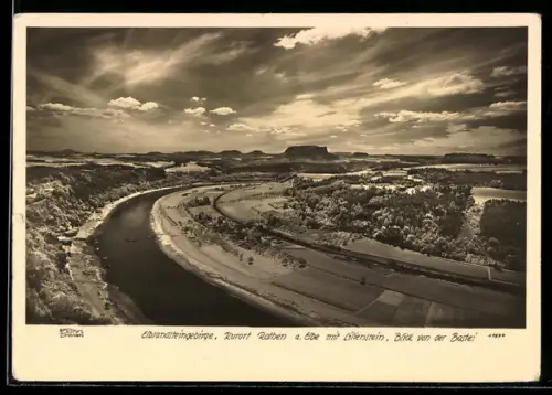 Foto-AK Walter Hahn, Dresden, NR 11570: Elbsandsteingebirge, Rathen mit Lilienstein, Blick von der Bastei