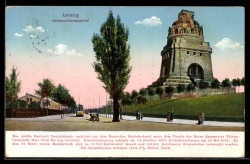 AK Leipzig, Völkerschlachtdenkmal, Ansicht des Denkmals mit Strassenbahn