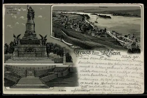 Lithographie Rüdesheim a. Rh., Ortsansicht, Nationaldenkmal auf dem Niederwald