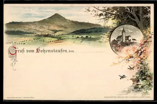 Lithographie Hohenstaufen, Berg Hohenstaufen, Kloster Lorch