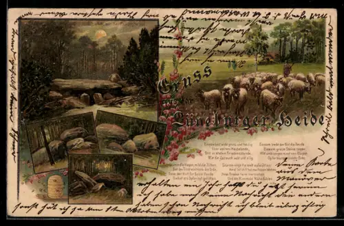 Lithographie Lüneburger Heide, Hünengrab, Bienenkorb, Schafherde