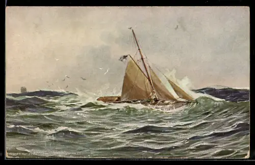 Künstler-AK Segelschiff in stürmischer See